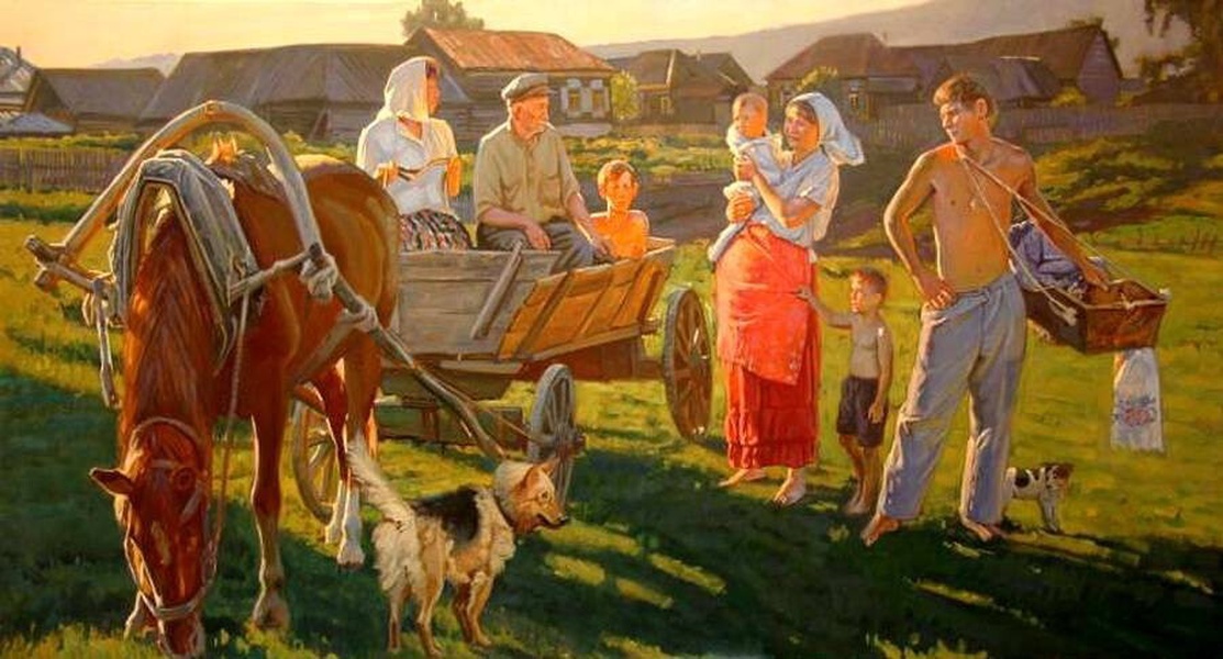 Начать жизнь в деревне. Советская живопись крестьяне деревня село.